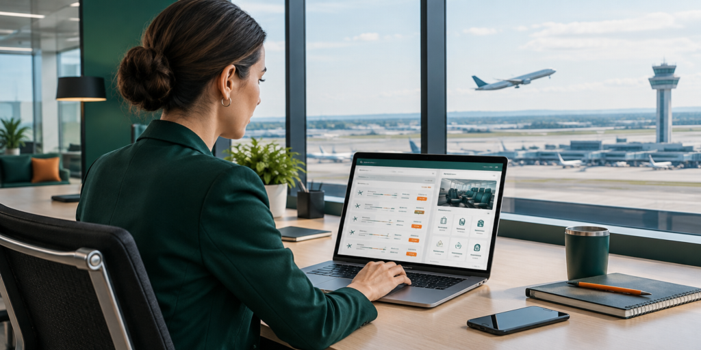Profesional gestionando contenido NDC para viajes corporativos