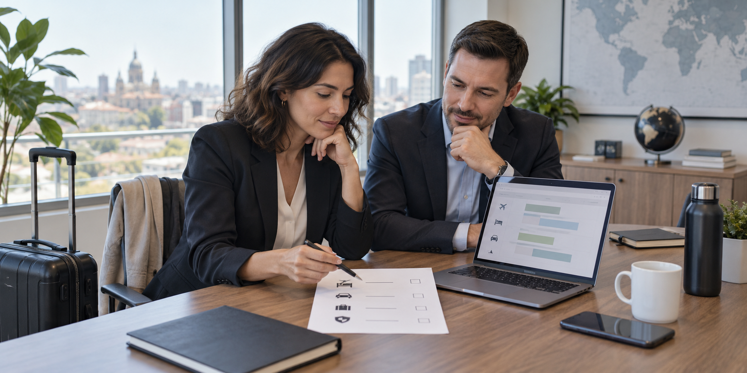 Equipo revisando la política de viajes corporativos y las reservas de empresa
